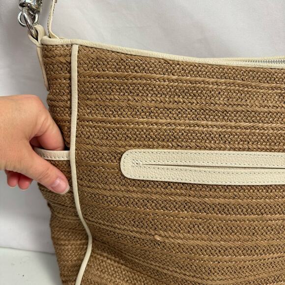 BRIGHTON Cream & Tan Raffia Leather Shoulder Tote Bag Purse - Picture 8 of 14